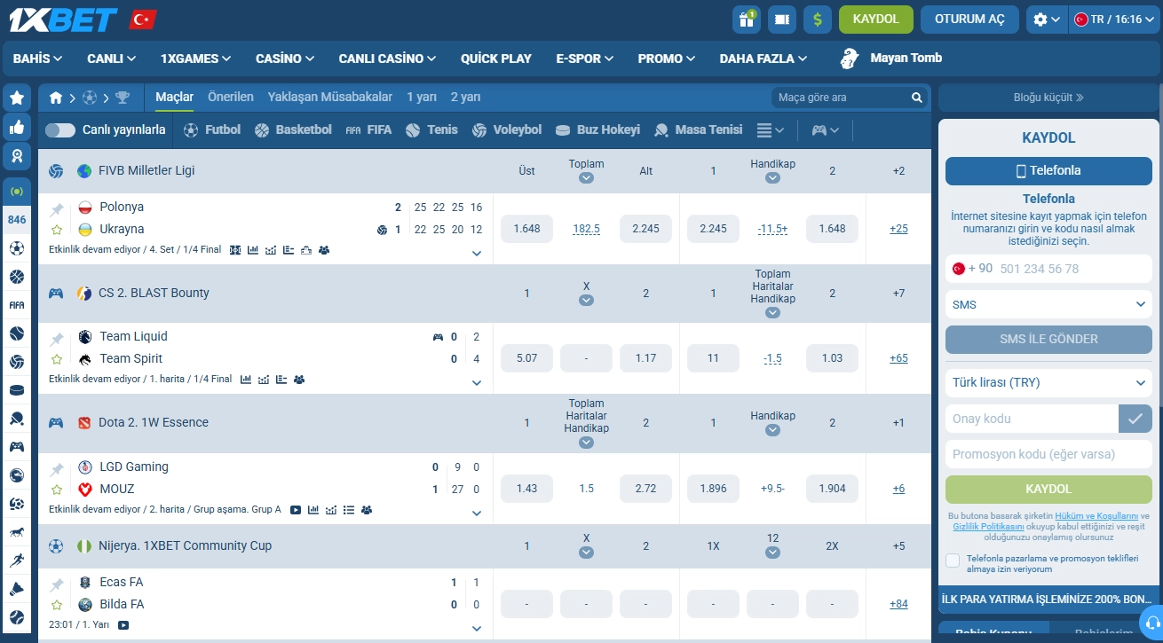 1xBet spor bahisleri ve canlı bahis bölümü